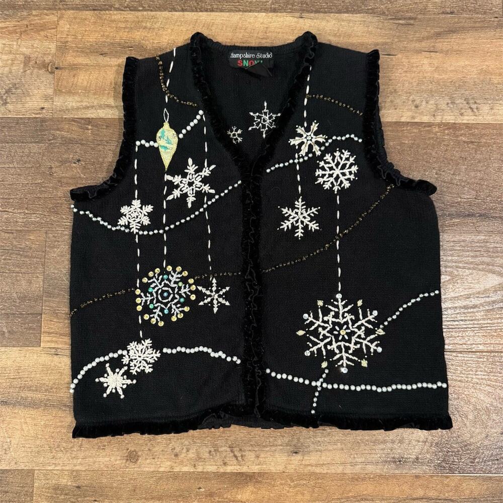 VTG Sweater Vest PS Beaded Ruffle Trim Embroidered Snowflake Holiday Christmas